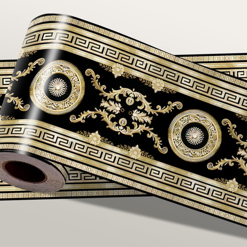 IOHEFY Black Gold Wallpaper Border 196x4 Inch Peel and Stick Wall Border Self Adhesive Classic Greek Key Design Removable Vinyl Trim for Living Room Bedroom Bathroom Kitchen Cabinet Decoration - Image 1